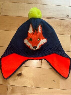 Mini Boden Navy Fox Earflap Hat with Neon Yellow Pom